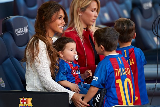 Sofia Balbi (R) wife of Luis Suarez and Antonella Roccuzzo, wife of Lionel Messi prior the La Liga match between FC Barcelona and Villarreal CF at Camp Nou Stadium on May 6, 2017 
