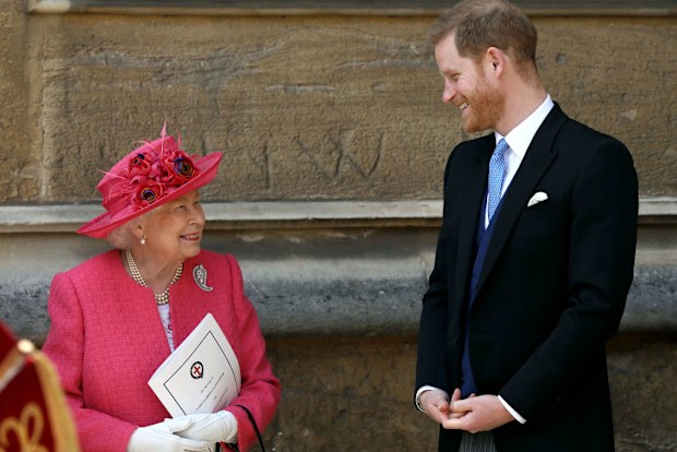 The Queen and Prince Harry at the wedding of Lady Gabriella Windsor and Thomas Kingston.