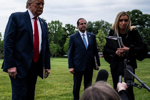 Trump, Health and Human Services Secretary Alex Azar, and White House press secretary Kayleigh McEnany, stop and talk to reporters on May 14, 2020.