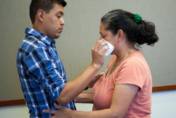 Maria Mancia was reunited with her 22-year-old law student son Steve Hernandez on Thursday. (San Bernardino County District Attorney's Office)
