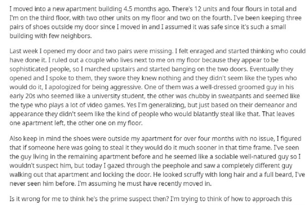 The resident says two pairs of their shoes were stolen in broad daylight.