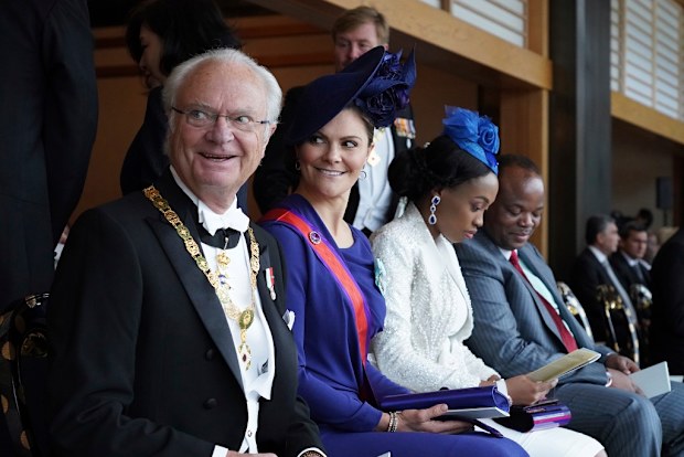 King Carl XVI Gustaf, left, and Crown Princess Victoria attend the enthronement ceremony of Japan's Emperor Naruhito in Tokyo, 2019.