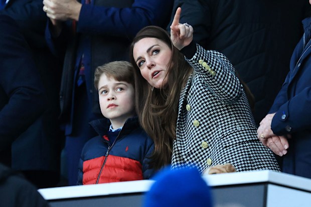 Kate Middleton, Duchess of Cambridge speaks to their son Prince George of Cambridge prior to the Guinness Six Nations Rugby match between England and Wales at Twickenham Stadium on February 26, 2022