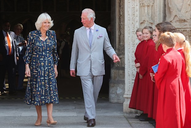 Charles and Camilla visit Exeter Cathedral on July 19, 2021 in Exeter, United Kingdom. Founded in 1050.
