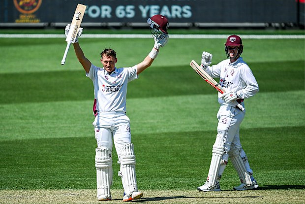 Marnus Labuschagne of the Queensland Bulls celebrates bringing up his century.