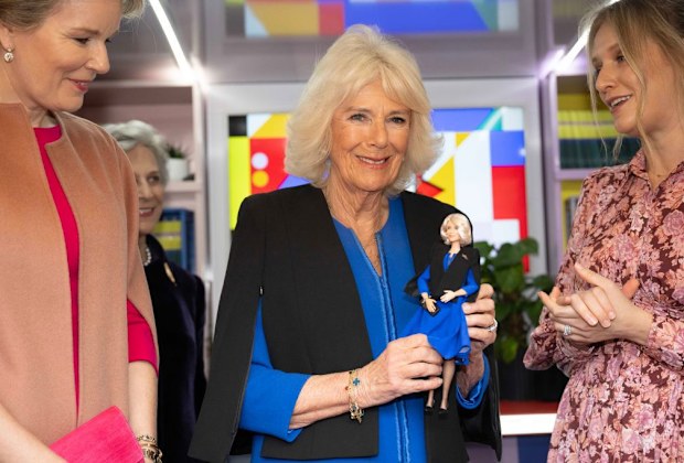 Her Majesty, Queen Camilla is presented with a Barbie in her likeness at Buckingham Palace on March 12, 2024 in London