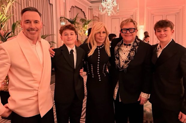 Elton John, David Furnish and their sons with Donatella Versace