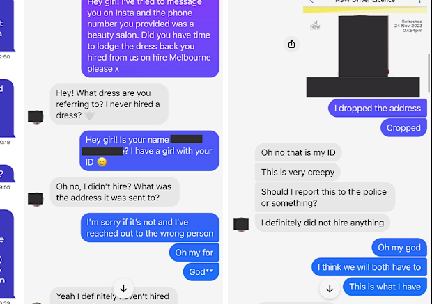 When the scammer (left) stopped responding, Rachel Donnellan tried to track them down using the ID they provided and learned it was a stolen ID.