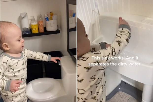 Toddler in his mini bathroom. 