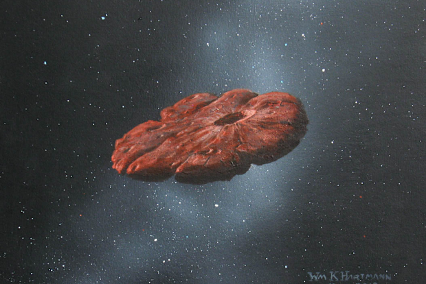 Artist's concept of the 'Oumuamua interstellar object as a pancake-shaped disc. Credit: William Hartmann