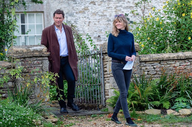 Dominic West and wife Catherine FitzGerald make a statement to press outside their Cotswolds home after Dominic was seen kissing actress Lily James whilst in Rome on October 13, 2020 in Cotswolds, England. 