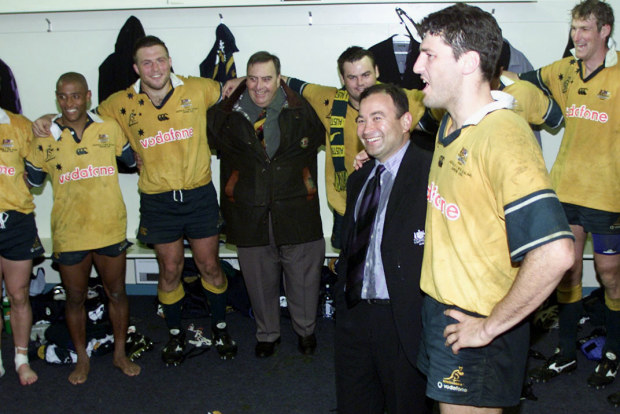 Eddie Jones and John Eales of Australia after winning the Bledisloe Cup in Dunedin in 2001.