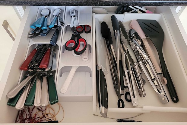 Cutlery and utensil drawer organised with Kmart slimline cutlery holder