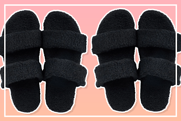 9PR: Black Two Strap Sherpa Platform Shoes