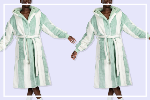 9PR: The Oodie Sage Stripe Sherpa Dressing Gown