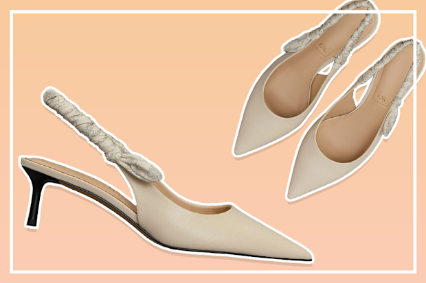 9PR: Charles & Keith Tully Leather Ruched-Strap Slingback Pumps - Chalk