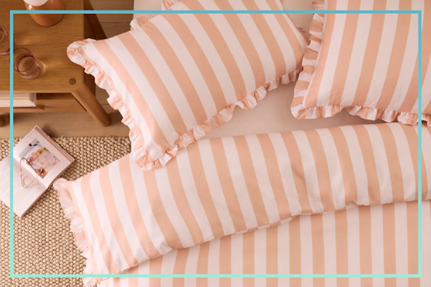 9PR: Adairs Microfibre Ruffle Peach Stripe Quilt Cover Set (Queen)