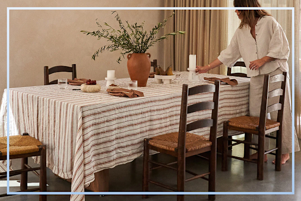 9PR I Love Linen French Flax Linen Table Cloth in Hazelnut Stripe