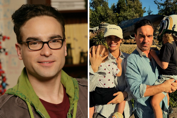 John Galecki in The Big Bang Theory and with his wife and kids
