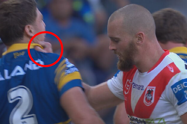 Clint Gutherson shoves former Eels teammate Sean Russell.