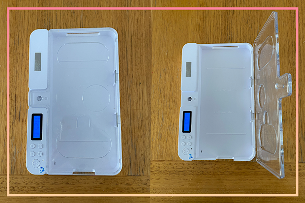 9PR: Phone safe sits on wooden table.