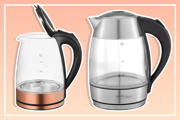 Healthy Choice 1.7L Cordless Glass Kettle with stainless steel trim and lid, with Automatic Shut Off 1.7L, Blue LED - the Best Hot Water Heater for Tea, Coffee, Soup, and More