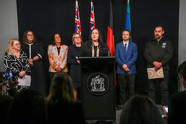 The Age, News, 09/09/2025, photo by Justin McManus. The treaty legislation is being introduced into state parliament on Tuesday. Premier Jacinta Allan and Minister for Aboriginal Affairs Natalie Hutchins with First Peoples' Assembly co-chairs Ngarra Murray and Rueben Berg at a press conference to speak about the legislation. Co-Chair Ngarra Murray
