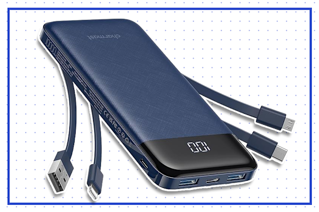 Charmast 10000mAh Power Bank Built in 4 Cables, Slim USB C Portable Charger, LED Display External Battery Pack with 6 Output and 3 Input, Compatible with iPhone, Samsung, Tablets and More(Blue)