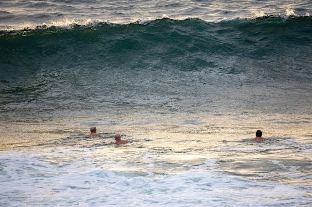 Swimmers take to the water at a closed Coogee Beach on Friday morning, one day after a swimmer went missing after being swept out to sea. Friday 2nd January 2026. Photo: Sitthixay Ditthavong
