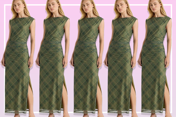 9PR There After Mesh Ruched Maxi Dress in Khaki Check
