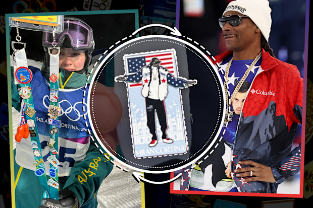 Australian snowboarder Misaki Vaughan (left) holds up her accreditation pass, filled with pins. Snoop Dogg (right) has also been in on the action. Graphic: Polly Hanning