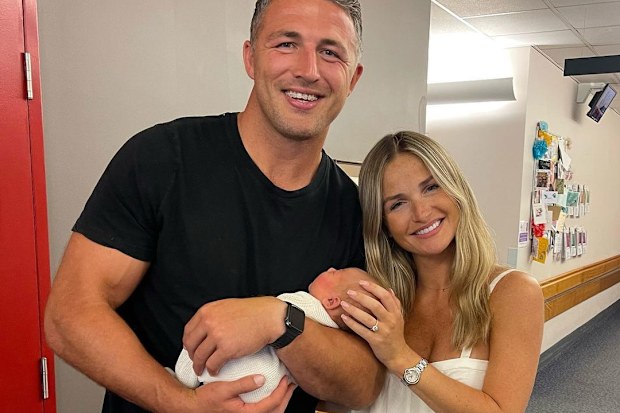 Sam Burgess and Lucy Graham with newborn daughter Robbie.