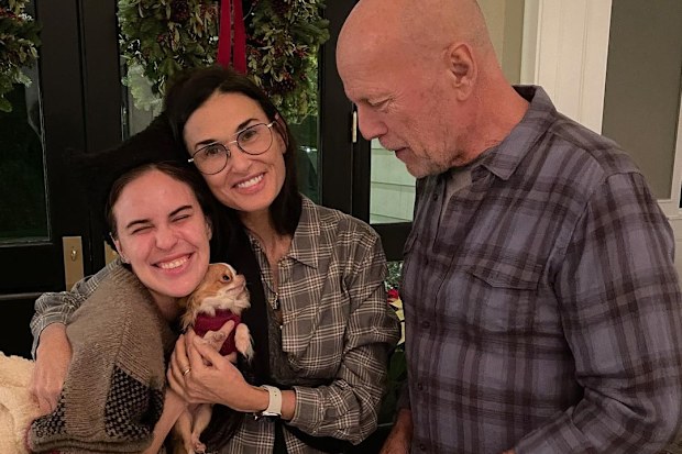 Tallulah Willis and her parents Demi Moore and Bruce Willis and Demi's dog, Pilaf.