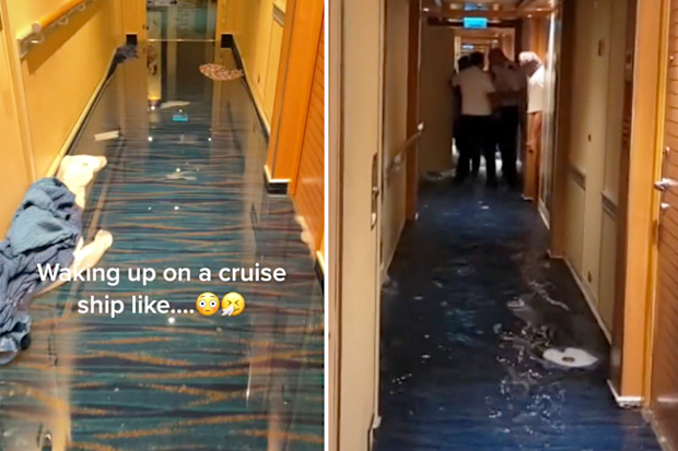A group of cruise passengers woke to find a 'titanic-like' scene unfolding in their cabin sharing the footage on TikTok.