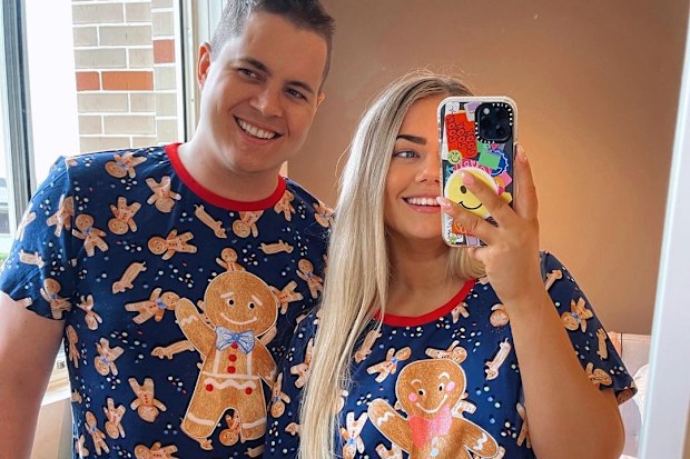 Johnny Ruffo and Tahnee Sims in Christmas PJs.