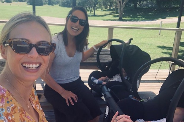 New mums Sylvia Jeffreys and Jayne Azzopardi pictured social distancing in the park together.