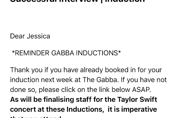 Jess got a job working at the Gabba for Taylor Swift's Reputation tour.
