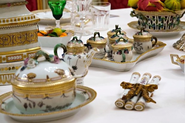 The table setting for the surprise dinner thrown by Crown Prince Frederik and Princess Mary for Queen Margrethe's golden jubilee.