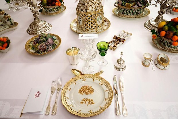 The table setting for the surprise dinner thrown by Crown Prince Frederik and Princess Mary for Queen Margrethe's golden jubilee.