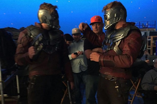Chris Pratt on the set of a Guardians of the Galaxy movie with stuntman Tony McFarr.