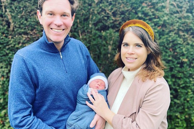 Jack Brooksbank and Princess Eugenie with their son August Philip Hawke Brooksbank