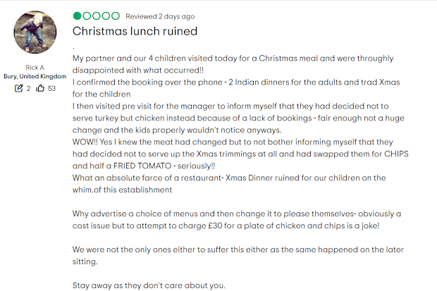 Diner Rick Aprino's one-star review to Ruposhi Indian Bar & Restaurant on Boxing Day.