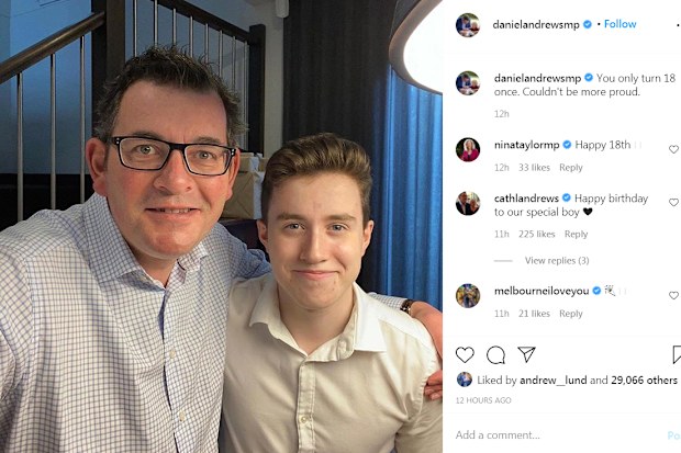 Victoria Premier Daniel Andrews celebrates Noah's 18th birthday.