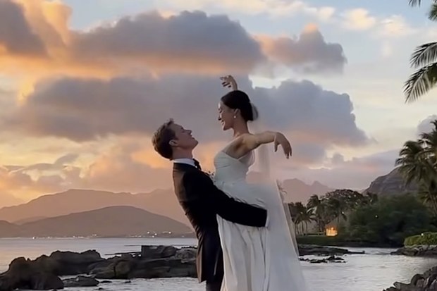 Winter OIympians and ice dance partners Madison Chock and Evan Bates on their wedding day in 2024.