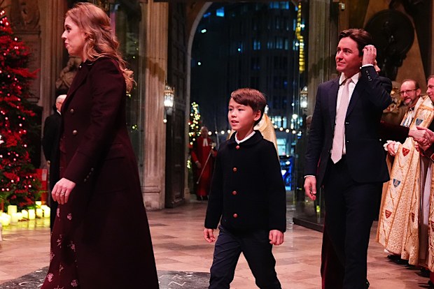 Princess Beatrice of York, Edoardo Mapelli Mozzi and Christopher Woolfe at the 'Together At Christmas' Carol Service at Westminster Abbey on December 6, 2024 in London, England. 
