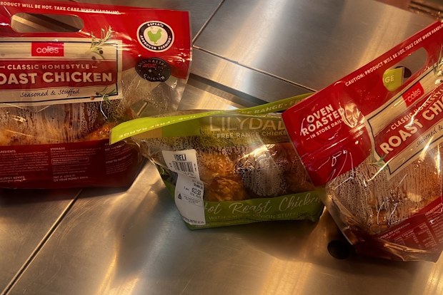 roast chicken supermarket display coles woolworths