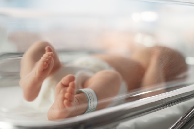Cute Little Caucasian Newborn Baby Lying in Bassinet in a Maternity Hospital. Portrait of a Tiny Playful and Energetic Child with a Name ID Tag on the Leg. Healthcare, Pregnancy and Motherhood Concept