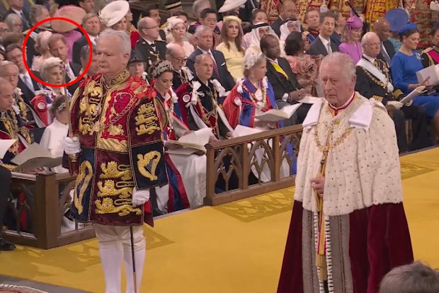 King Charles stands in Westminster Abbey during his coronation. Prince Harry can be seen in the background.