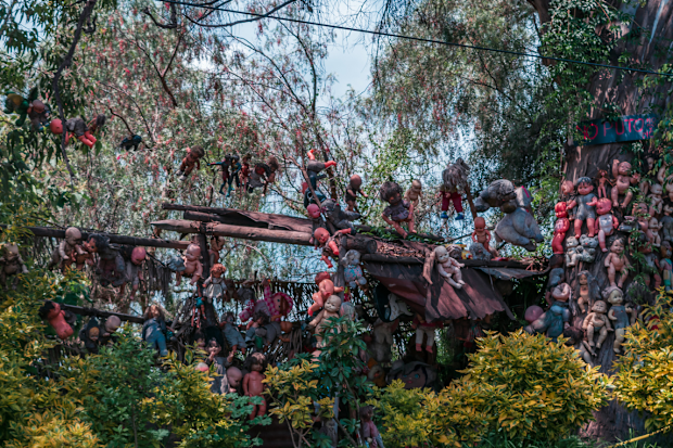 Mexico city, August, 28, 2018: Famous and unique island full of tetric dolls in Xochimilco.