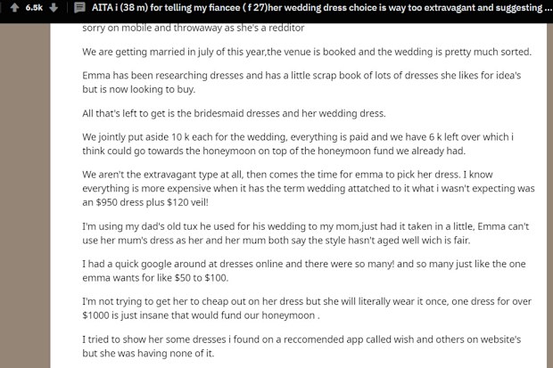Bride cancels wedding after discovering Reddit thread by fiance complaining about her dress, calling it too expensive